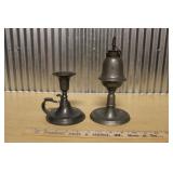 PEWTER CHAMBERSTICK & WHALE OIL LAMP