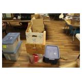 2 TOTES & FOUR BOXES OF BOWS, WRAPPING PAPER ETC.