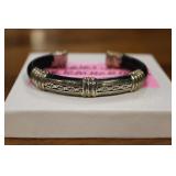 BLACK LEATHER CUFF BRACELET - POSSIBLY STERLING