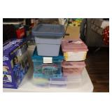 STORAGE TOTES W/ BATTERIES & HOUSEHOLD ITEMS