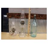 (2) VINTAGE GLASS OIL LAMPS & LARGE BOTTLE