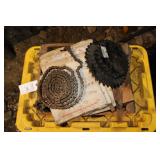 BOX OF CHAIN, SPROCKETS, PULLERS, AND MORE