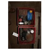 (2) MILK CRATES W/ LIQUIDS AND MORE