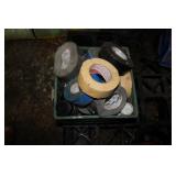 MILK CRATE W/ ROPE, TAPE, AND MORE