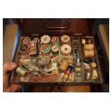 BOX OF SEWING ITEMS & ANTIQUE NEEDLE BOOKS