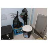 ASSORTED FISHING SUPPLIES, BUCKETS, NETS, VEST