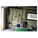 ASSORTED HAND TOOLS, CINDER BLOCKS, STEP STOOL