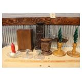 CANDLESTICK HOLDERS, SHELF & WOOD BUST BASE