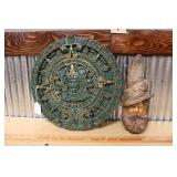 AZTEC CALENDAR WALL PLAQUE & CARVED SMOKING FIGURE
