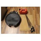 OIL CATCH PAN, GAS CAN, HANDSAW & CUTTING BOARD
