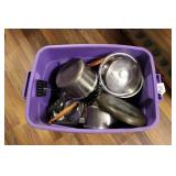 TOTE OF KITCHENWARE INCL. BSR 3H CAST IRON SKILLET