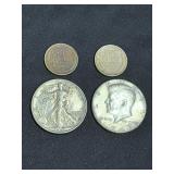 (2) SILVER HALVES & (2) WHEAT PENNIES
