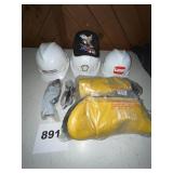 LOT OF HARD HATS, GOGGLES, BOOTS & RAINSIUT