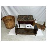 (2) BOOK SHELVES, BASKET & SEWING BOX