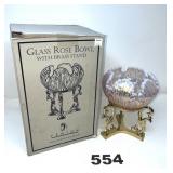 FENTON GLASS ROSE BOWL W/BRASS STAND IN BOX