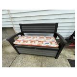 LIFT-LID BROWN PLASTIC GARDEN BENCH W/CONTENTS
