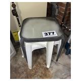 (3) SMALL OUTDOOR TABLES & (4) CHAIRS