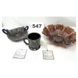 FENTON COBALT BUTTERFLY DISH & MUG & CARNIVAL BOWL