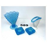 FENTON BLUE FAN VASES AND SALT DIPS