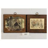 Two Vintage Prints on Embossed Wood Plaques