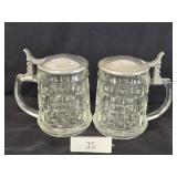 Pair Of Clear Pressed Glass Metal Lid Steins