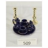 Small Tea Set & Gold Tone Candle Sticks