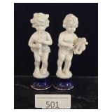 Two Bisque Angels on Blue Ceramic Bases