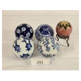 Blue & White Decorative Balls & Egg w/ Holder
