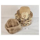 Faux Fur & Summer Weave Straw Hats w/ Hat Box