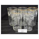 Five Gold Rimmed Grape Pattern Etched Glasses