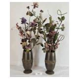 Two Antiqued Brass Vases w/ Dried Flora