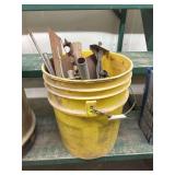 Bucket of Assorted Metal and Wood Tools