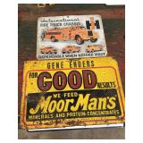 Lot of 2 Metal Advertising Signs: International Fire Truck & MoorMan