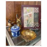 Mixed Lot: Framed Floral Picture, Brass Bowl, Wedgwood Box, and Duck Figurines