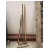 Lot of Rakes and Long Handled Garden Tools
