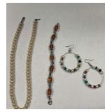 Group of Jewelry: Faux Pearl Necklace, Bracelet, and Hoop Earrings