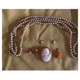 Long Costume Jewelry necklace, Pendant and Cameo Brooch