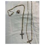 2 gold neck tone necklace chains and ring
