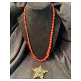 Red Beaded Necklace and Star Pin Lot