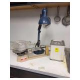 Lot of Ohaus Triple Beam Balance, Articulated Lamp, Ultrasonic Cleaner, and Strainers