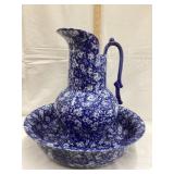 Ornate Blue & White Ironstone Bowl & Pitcher,