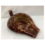 Brown Spongeware Pottery Bed Pan, Lip Chip, 18"L