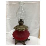 Cranberry Glass Kerosene Lamp w/ Ornate Cast Iron