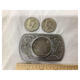 1921 D Morgan Silver Dollar in Belt Buckle & (2)