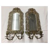 (2) Ornate Brass Beveled Mirror Wall Sconces w/