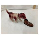 Celluloid Toy Dog Carrying "Tin Wind-Up Shoe",