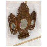 Ornate Carved Wood Tri-Fold Beveled Mirror