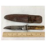 Vintage Bone Handled Knife w/ Leather Sheath, 8
