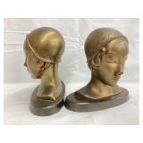 Brass Art Deco Lady Head Bookends, 7"T, 7 3/4"L