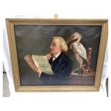 Early Oil Painting on Canvas of Man & Stork